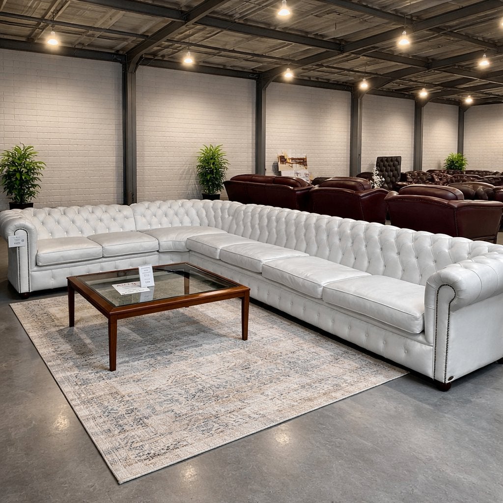 Echte Chesterfield hoekbank xl 4.50m x 2.60m wit leer., Overige maten, 300 cm of meer, Ophalen of Verzenden, Zo goed als nieuw