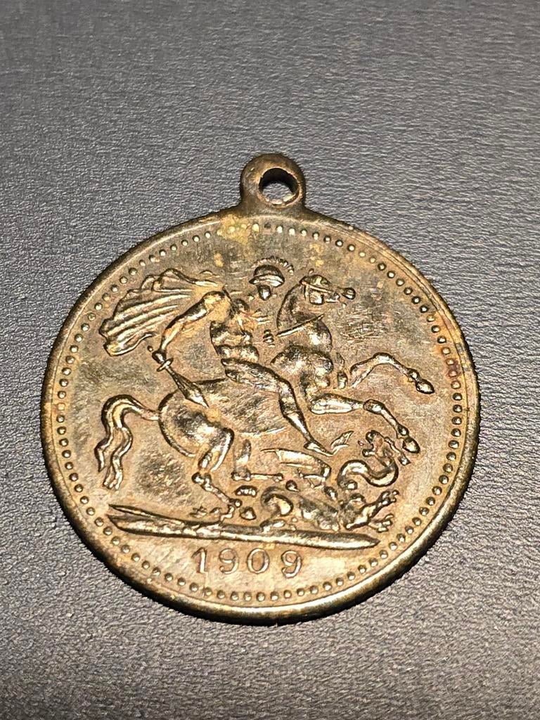 Antieke koperen medaillehanger, medaillon, Edward VII 1909, Postzegels en Munten, Penningen en Medailles, Buitenland, Ophalen of Verzenden