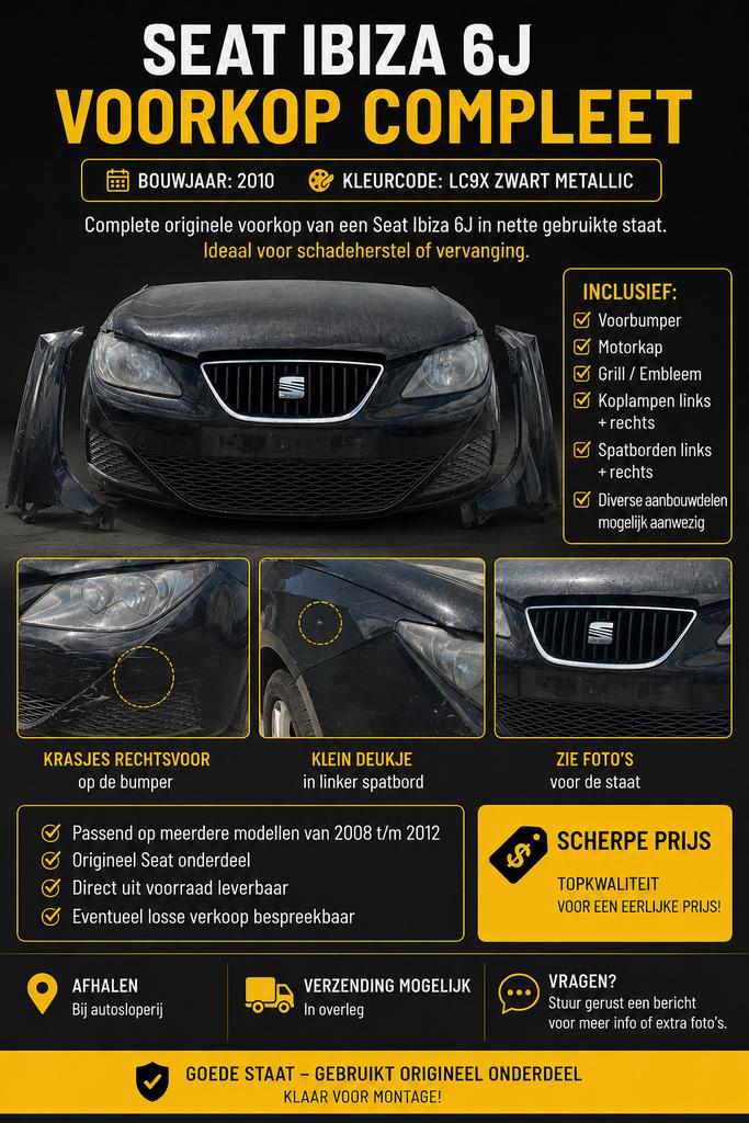 Seat Ibiza 6J Voorkop Compleet - Zwart Metallic LC9X, Ophalen, Gebruikt, Voor, Seat