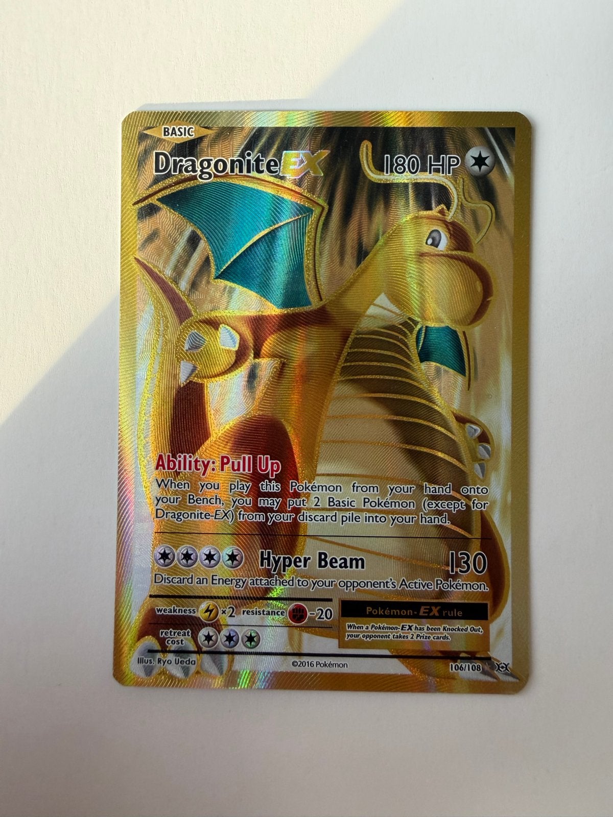 Dragonite EX Full Art Pokémon Kaart (106/108), Ophalen of Verzenden, Zo goed als nieuw, Losse kaart, Foil