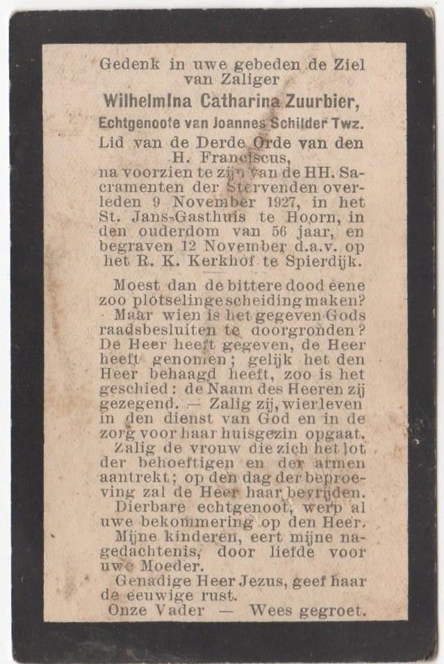 Wilhelmina C. Zuurbier 1871 Berkhout + 1927 Hoorn, 56 jaar, Verzenden