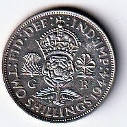 2  shilling  1944  Engeland. km. 855, Ophalen of Verzenden, Overige landen, Losse munt, Zilver