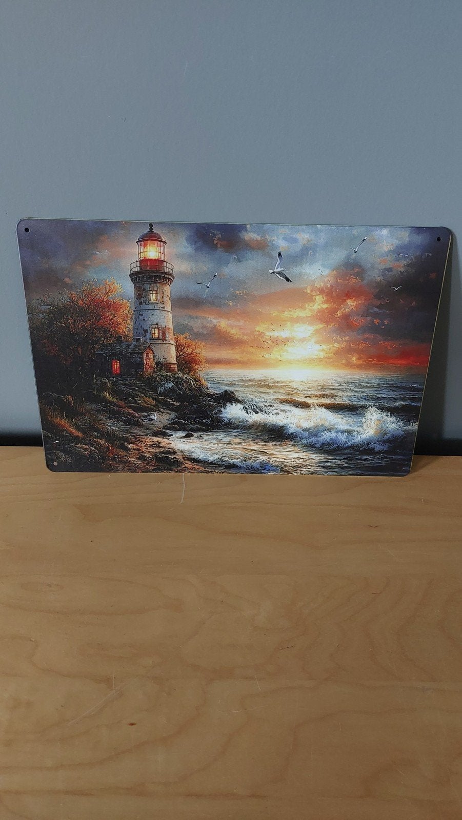 Decoratief bord met vuurtoren en zonsondergang 20x30cm, Huis en Inrichting, Metaal, Meerkleurig, Nieuw, Ophalen of Verzenden