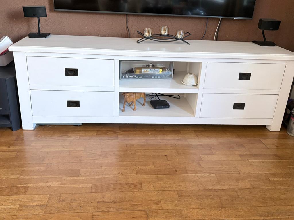 Houten TV-kast 200cm breed - Wit, Huis en Inrichting, Gebruikt, Ophalen of Verzenden, 200 cm of meer, Minder dan 100 cm