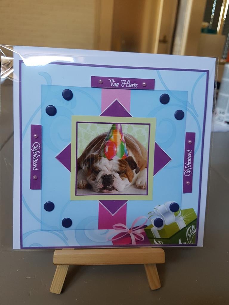 Kaartje verjaardag hond met feestmuts (bulldog), Ophalen of Verzenden, Nieuw, Overige thema's