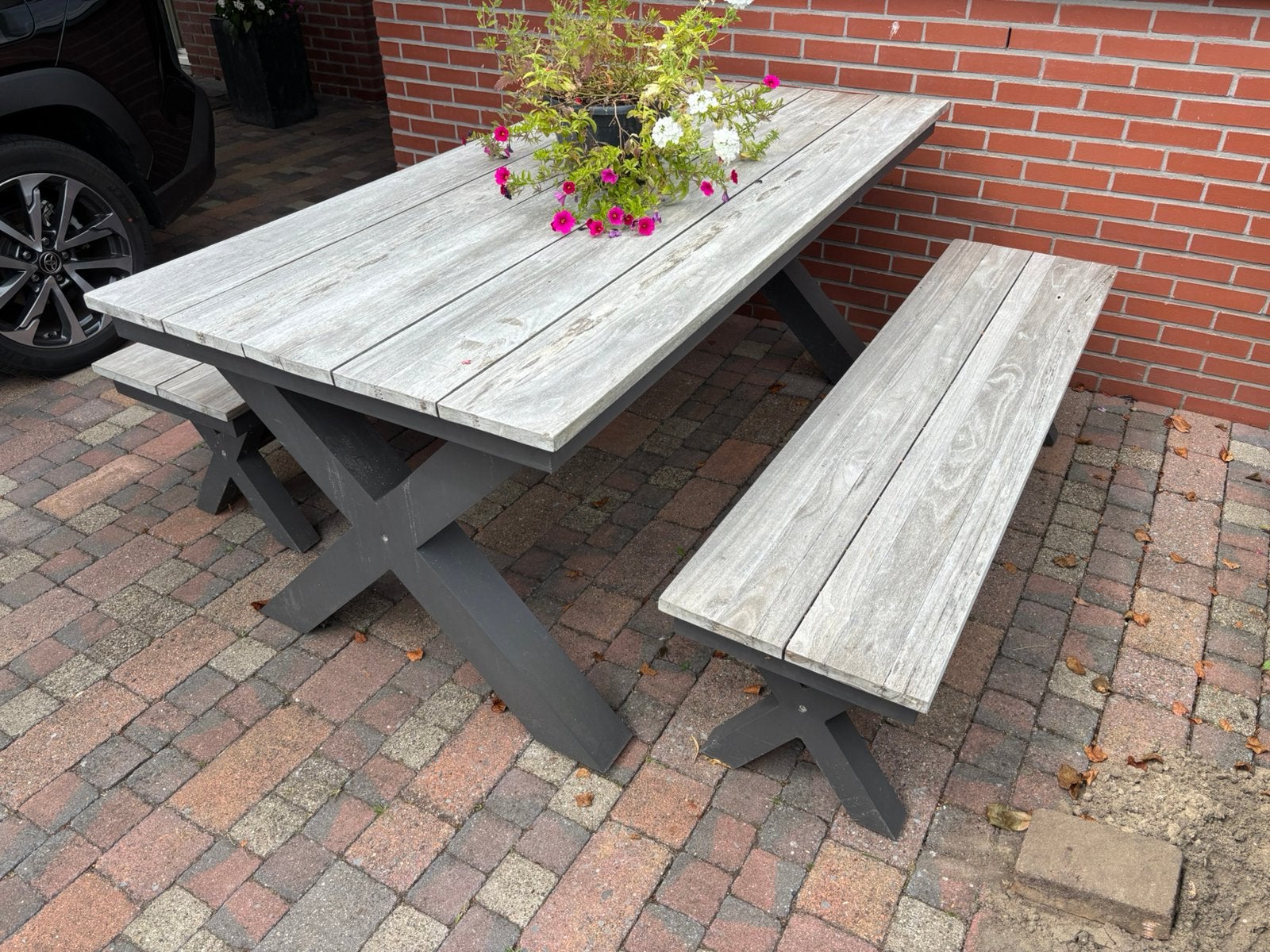 Picknick tafel met 2 banken, Ophalen, Gebruikt, Rechthoekig, Hout