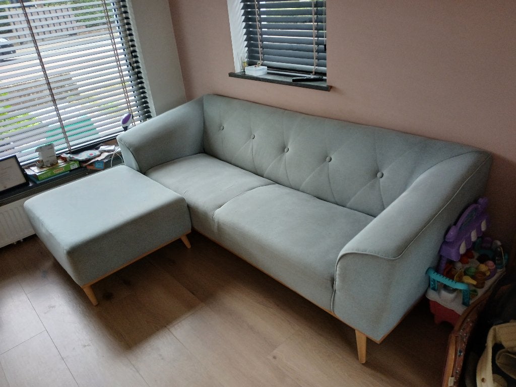 Gratis bank met hocker lichtblauw, Huis en Inrichting, Ophalen, Hout, Gebruikt, Driepersoons