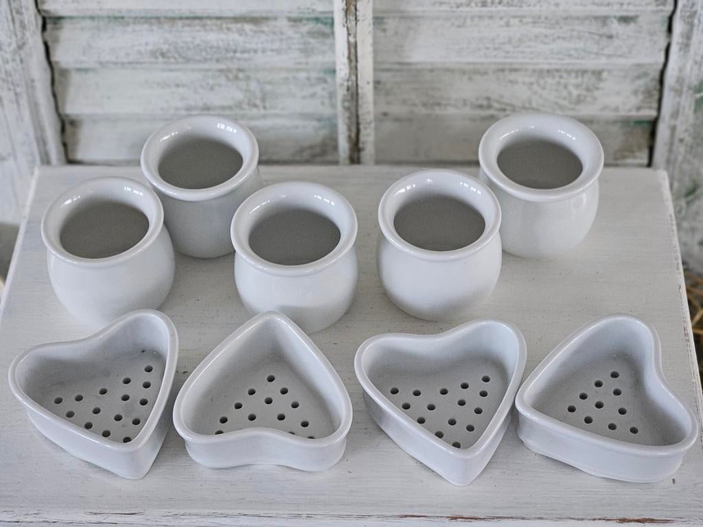 Brocante Franse porseleinen harten uitlekbakjes yoghurtpots, Ophalen of Verzenden
