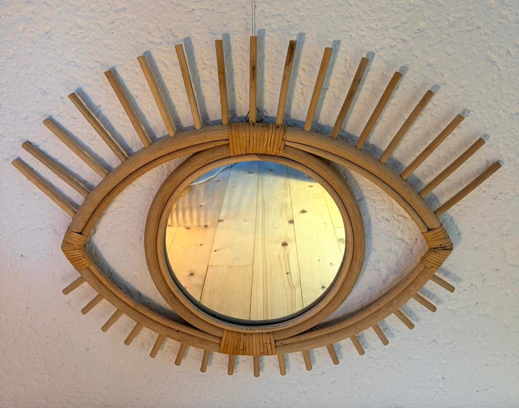 Spiegel oog rotan handgemaakt, Rond, Ophalen of Verzenden, Zo goed als nieuw, Minder dan 100 cm