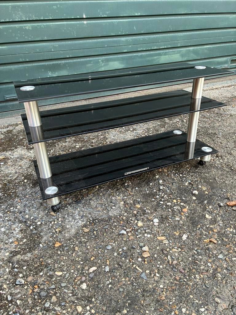 Zwart glazen TV meubel op wielen, Ophalen, Gebruikt, 100 tot 150 cm, Minder dan 100 cm