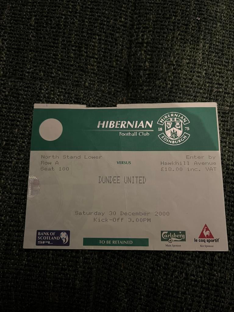 Hibernian - Dundee United ticket 30-12-2000, Verzamelen, Ophalen of Verzenden, Buitenlandse clubs, Overige typen