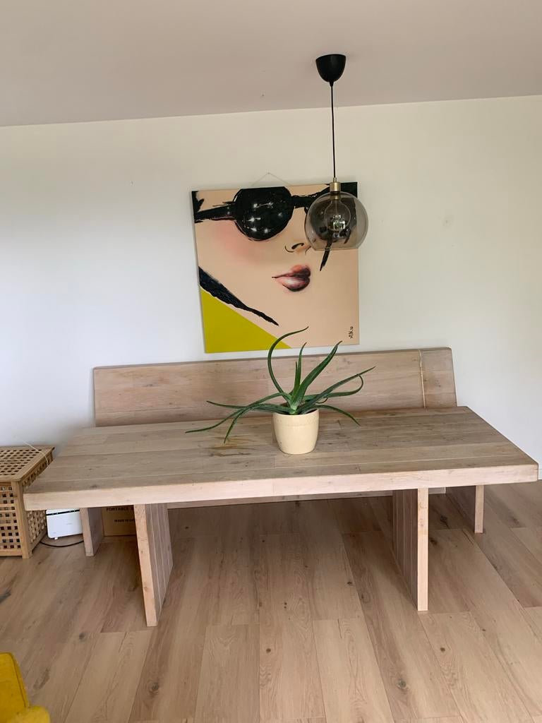 Mooie eikenhouten tafel met bank op maat, Gebruikt, Eikenhout, 200 cm of meer, Vijf personen of meer