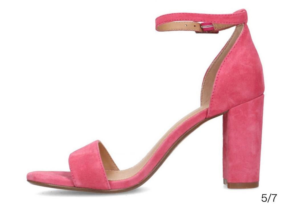 Manfield sandalen suède met blokhak fuchsia (roze) maat 39, Zo goed als nieuw, Roze, Sandalen of Muiltjes, Ophalen of Verzenden