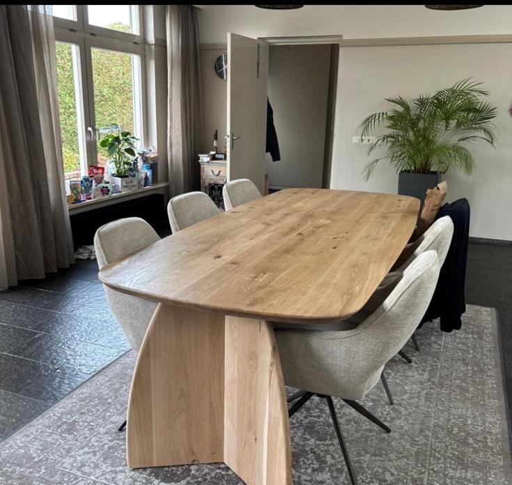 Eiken eettafel Deens ovaal boomstamtafel japandi maanpoot, 100 tot 150 cm, Eikenhout, 200 cm of meer, Ophalen of Verzenden