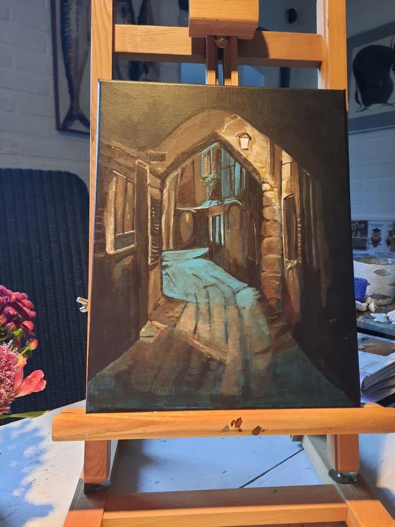 Schilderij: Oud Straatje in Acryl, Antiek en Kunst, Kunst | Schilderijen | Klassiek, Ophalen of Verzenden