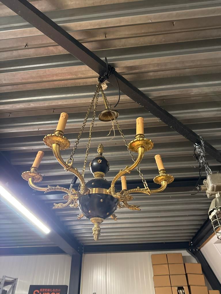 Franse Antiek Empire Kroonluchter Groen Tole Messing 6-arms, Huis en Inrichting, Lampen | Kroonluchters, Ophalen of Verzenden