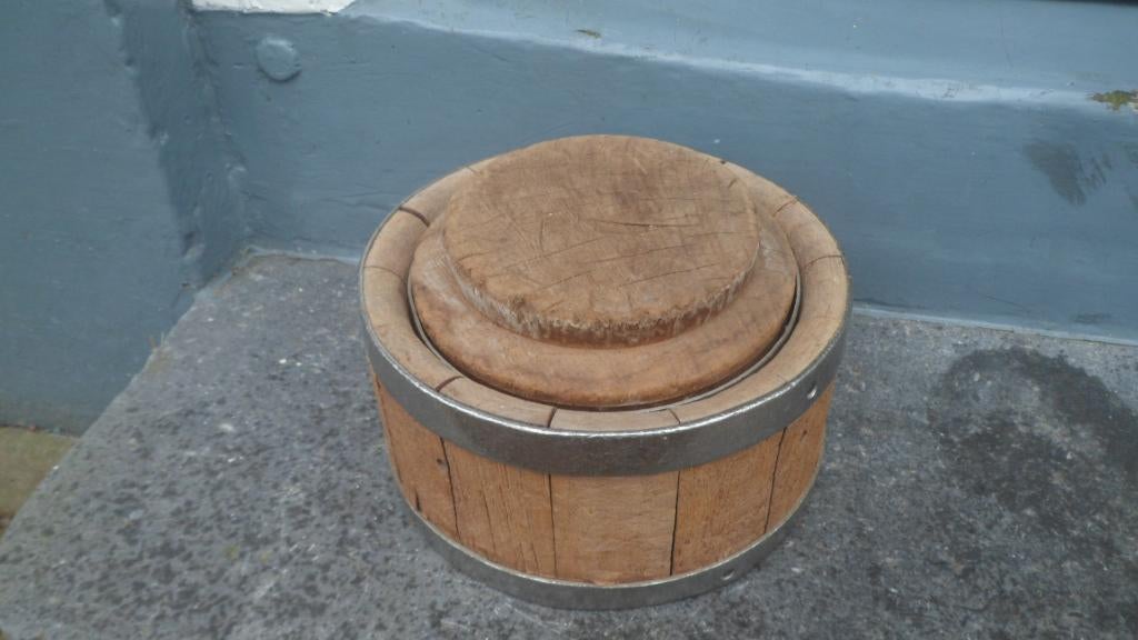 Originele houten kaaskuip kaasvat kaasvorm compleet teak rvs, Antiek en Kunst, Ophalen of Verzenden