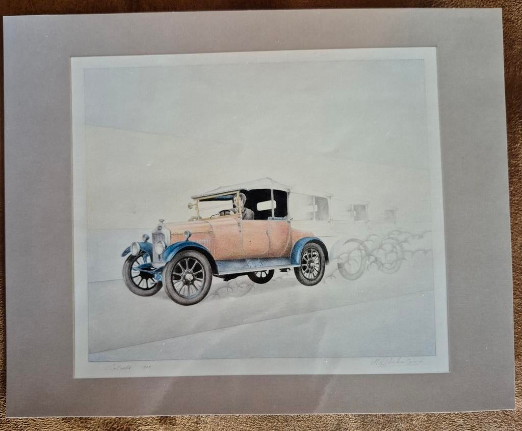 Vintage Auto Litho,afmeting 60.5x55.5x0.02 in zilveren lijst, Ophalen of Verzenden