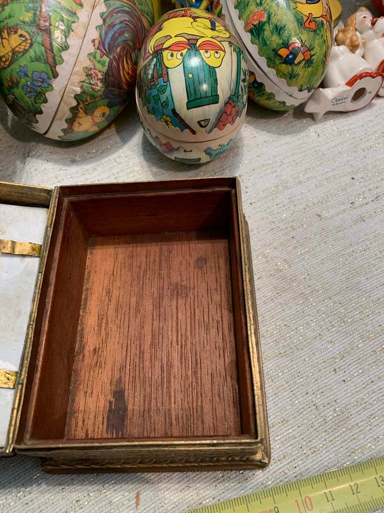 Antieke sigarettendoos koper porselein ooievaars gedecoreerd, Antiek en Kunst, Ophalen of Verzenden