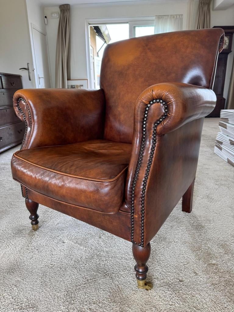 IN PRIJS VERLAAGD! Vintage leren fauteuil/Chesterfield stijl, Ophalen, Gebruikt, Klassiek, Landelijk, Chesterfield, 75 tot 100 cm