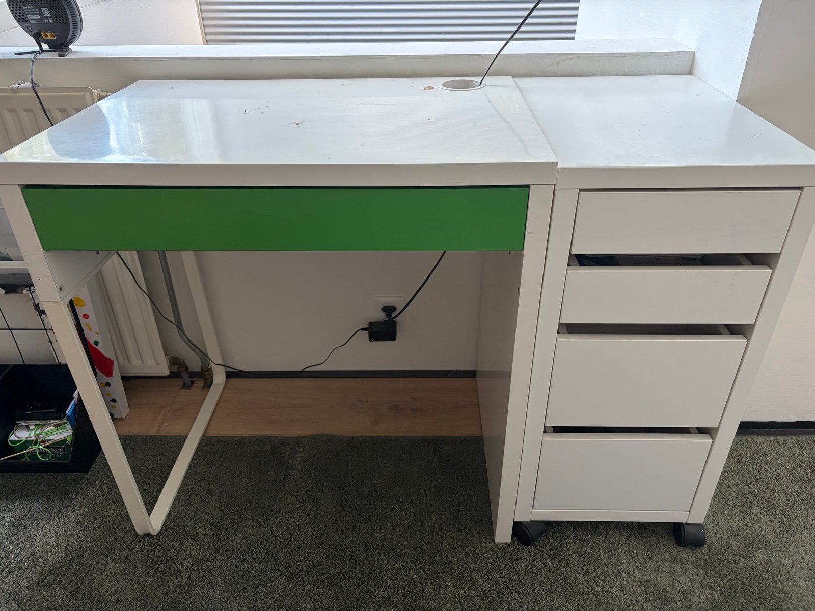 IKEA Micke kinderbureau met ladeblok, wit/groen, Ophalen, Gebruikt, Met lades, IKEA