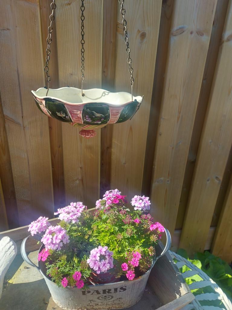 Prachtige oude Franse Art-Nouveau Majolica hang bloempot, Ophalen of Verzenden