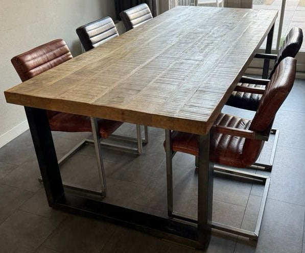 Echt leren eetkamerstoelen met lange tafel (2.40m), Ophalen, Gebruikt, Bruin, Leer