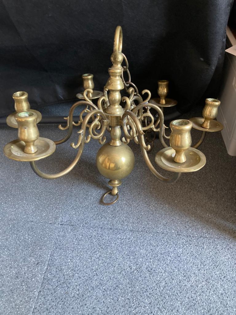Antieke messing kroonluchter met 6 armen voor kaarsen, Antiek en Kunst, Ophalen of Verzenden, Koper of Brons