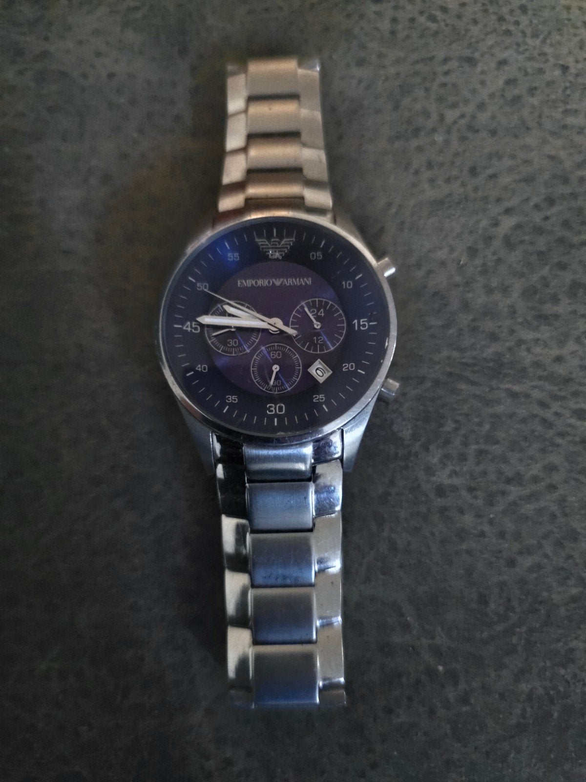 Emporio Armani Chronograaf – Saffierglas – Blauwe kast, Overige merken, Staal, Ophalen of Verzenden, Zo goed als nieuw