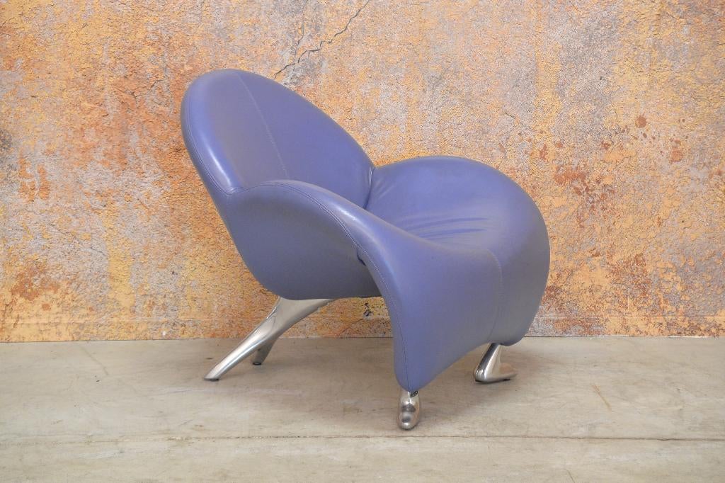 ZGANieuw blauw paarse leren Leolux Papageno design fauteuil, Leolux, Leolux, 75 tot 100 cm, Ophalen of Verzenden
