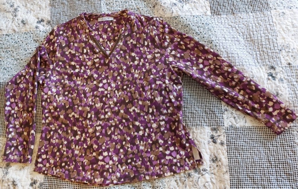 Trui Top maat 44 Anne-Jet Paars Bruin wit lange mouw  , Kleding | Dames, Bruin, Maat 42/44 (L), Zo goed als nieuw, Korte mouw