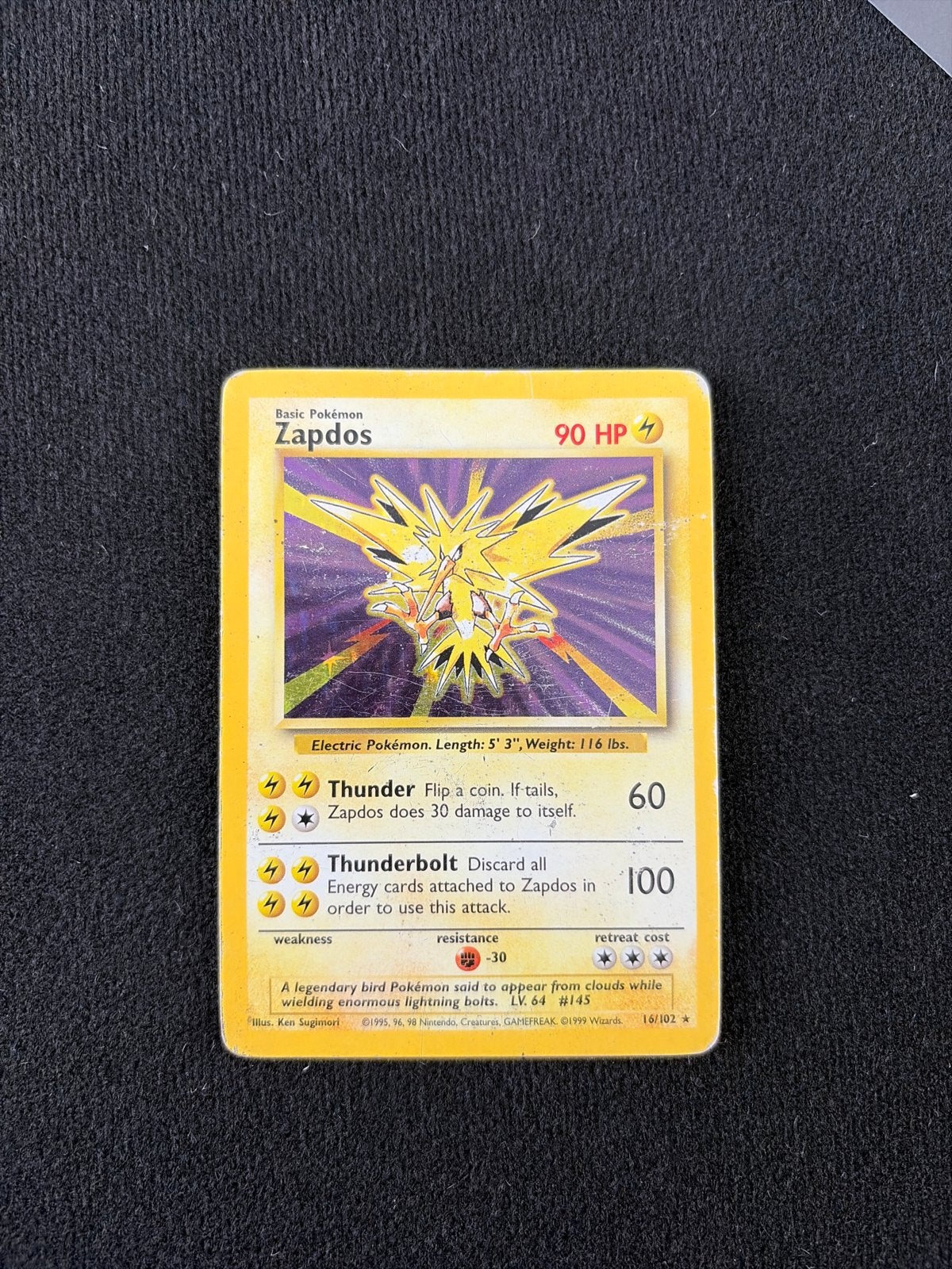 Pokémon Zapdos Base Set Holo 1999 Engels #16/102, Ophalen of Verzenden, Gebruikt, Losse kaart