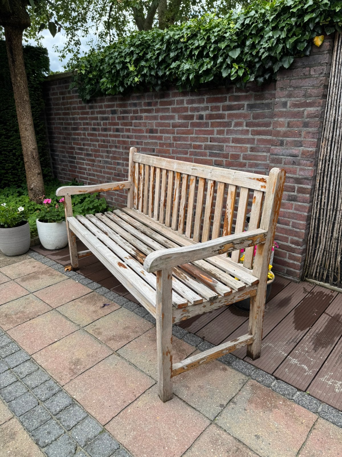 Superdegelijke teakhouten tuinbank met nieuwe kussens., Tuin en Terras, Ophalen, Gebruikt, Hout