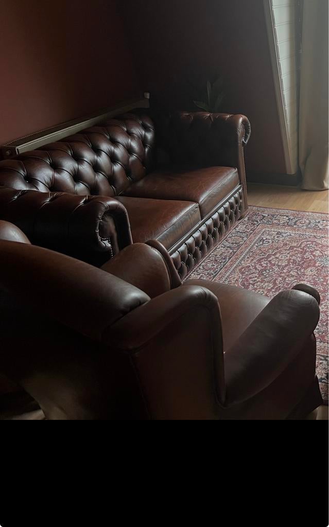 Chesterfield bank en fauteuil - Bruin leder, Gebruikt, 150 tot 200 cm, Tweepersoons, Ophalen of Verzenden