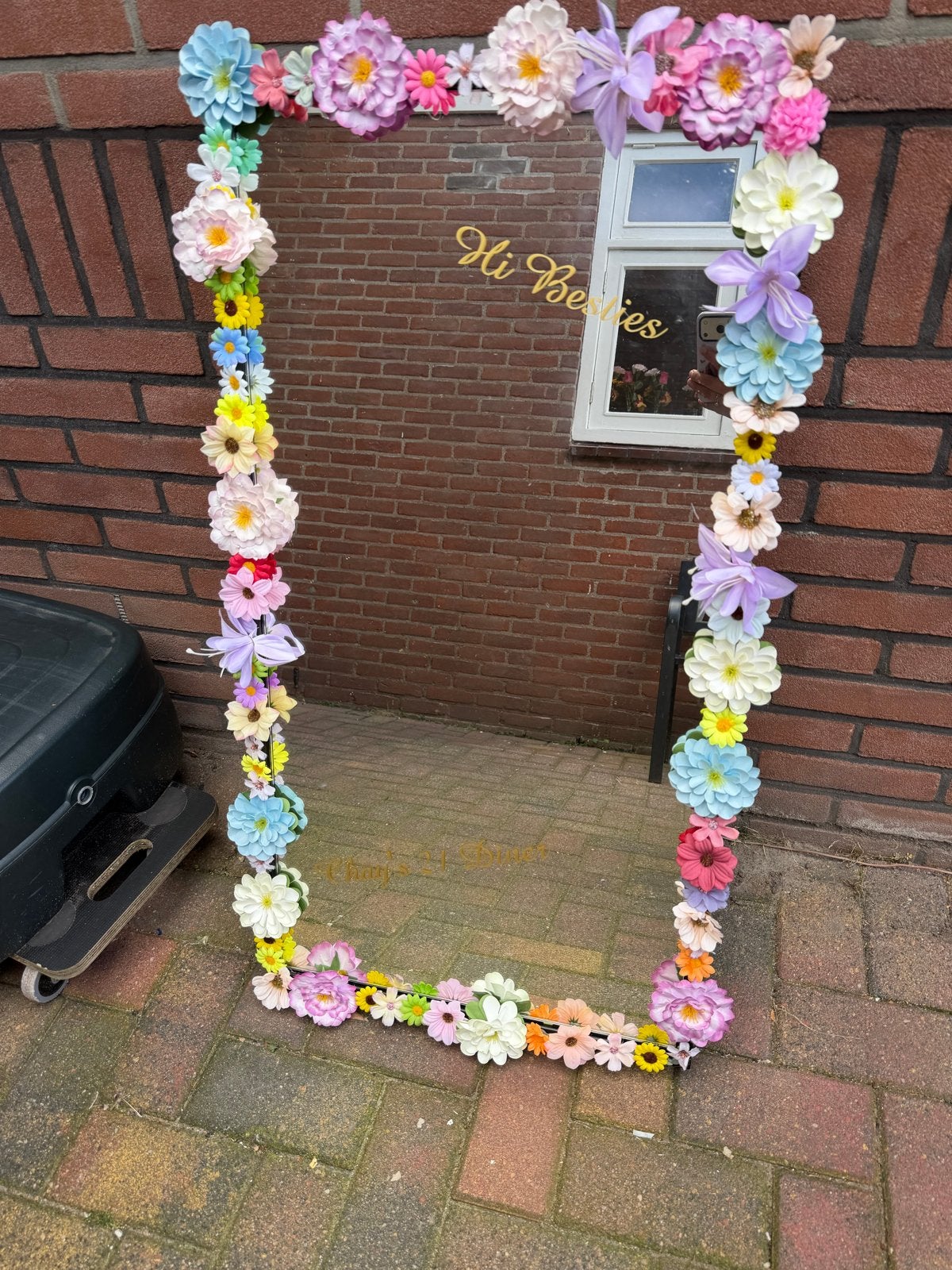 Spiegel met bloemenrand - Uniek en decoratief, Ophalen, Zo goed als nieuw, 150 tot 200 cm, Rechthoekig