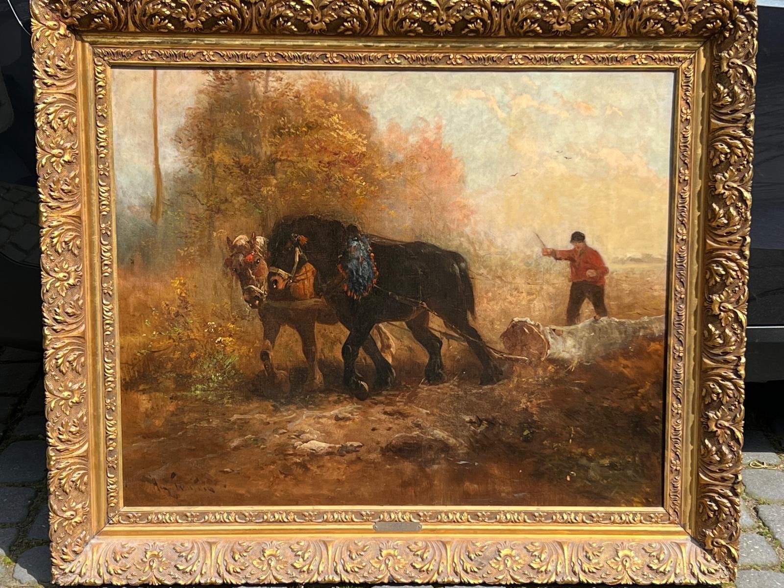 Groot schilderij houthakker met paarden, Henry Schouten, Antiek en Kunst, Ophalen, Doek, Landschap, Olieverf