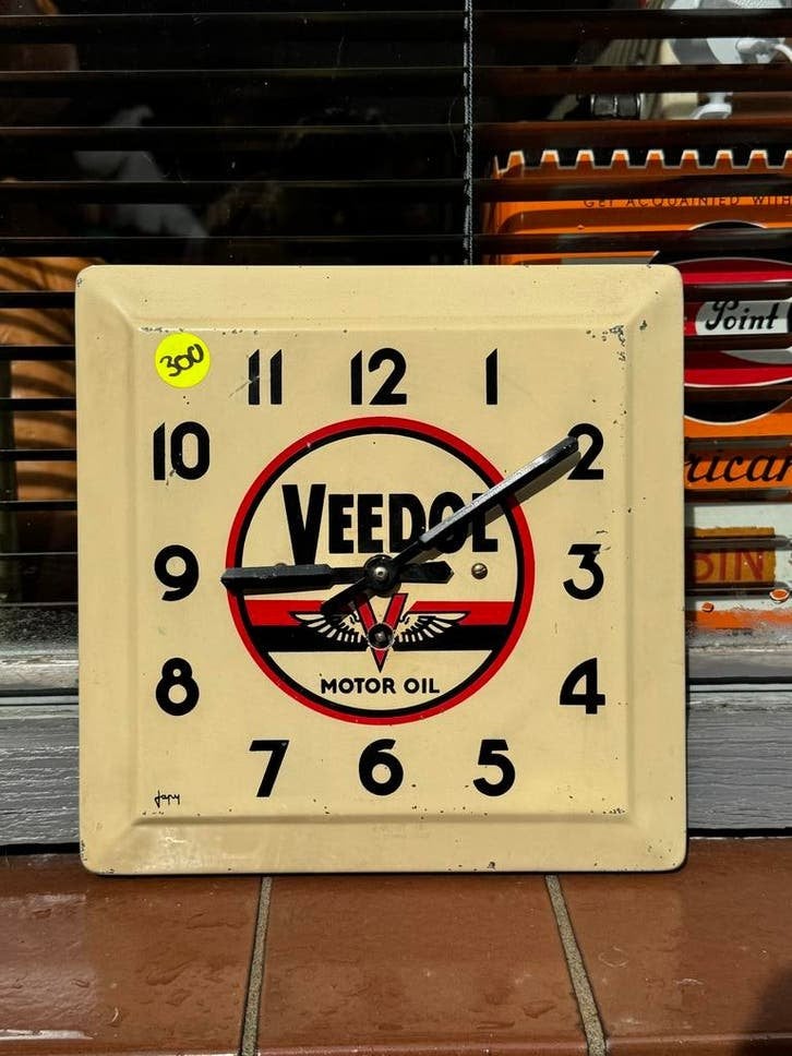 Vintage Veedol Motor Oil Klok - Emaille Reclamebord, Ophalen, Reclamebord, Gebruikt, .