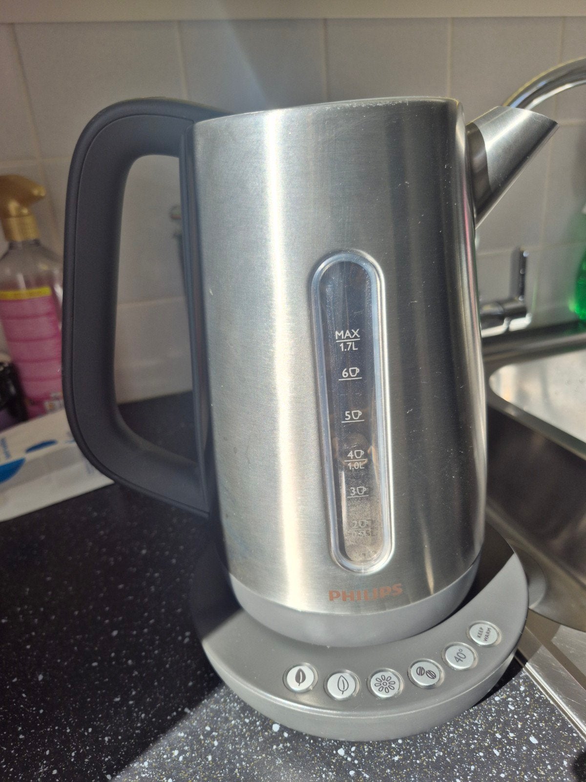 Philips Waterkoker RVS met temperatuurregeling 1.7L, 1 tot 2 liter, Ophalen of Verzenden, Gebruikt, Draadloos