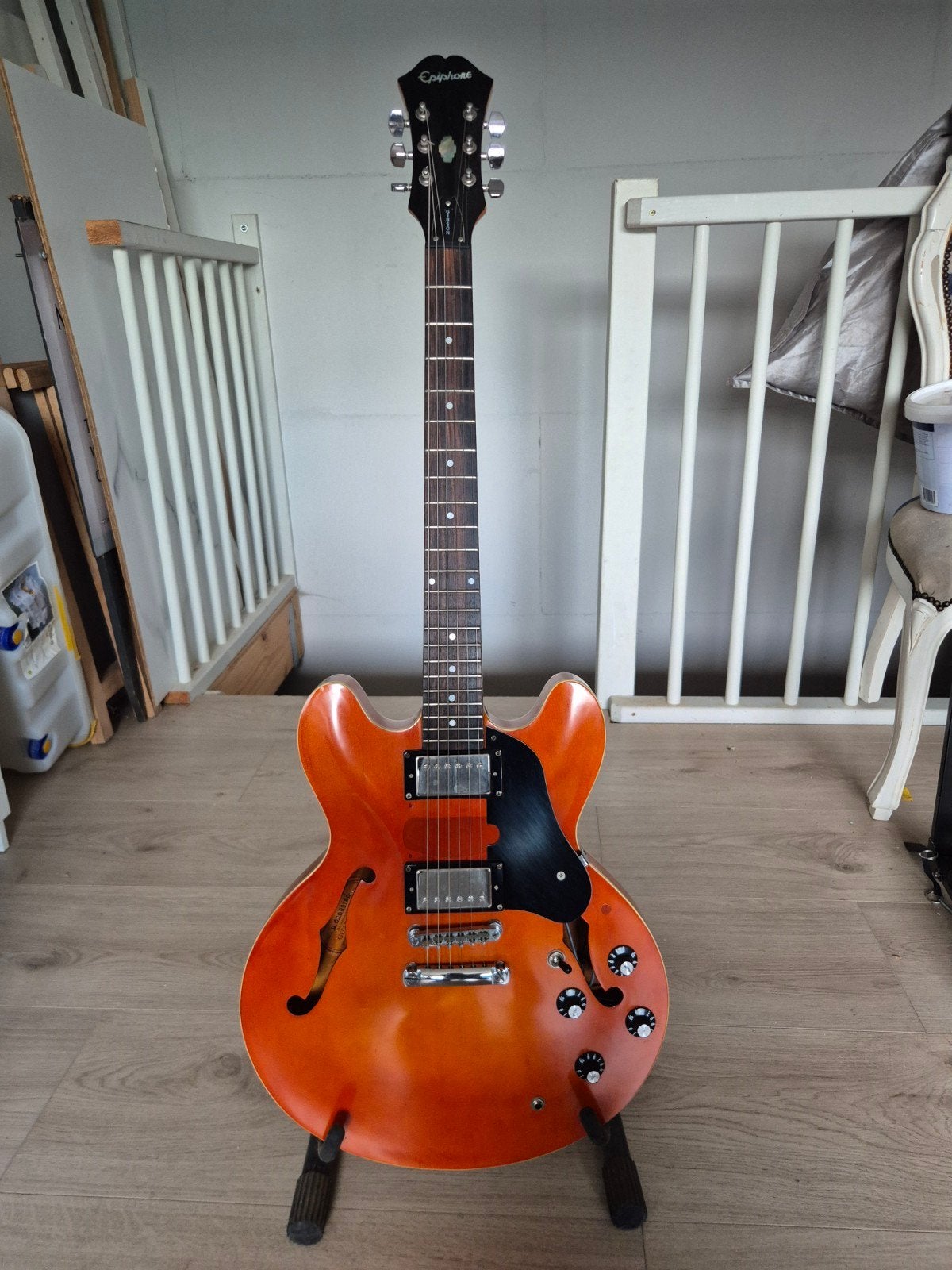 Epiphone ES335 met custom oranje fade paint job, Ophalen, Gebruikt, Semi-solid body, Epiphone