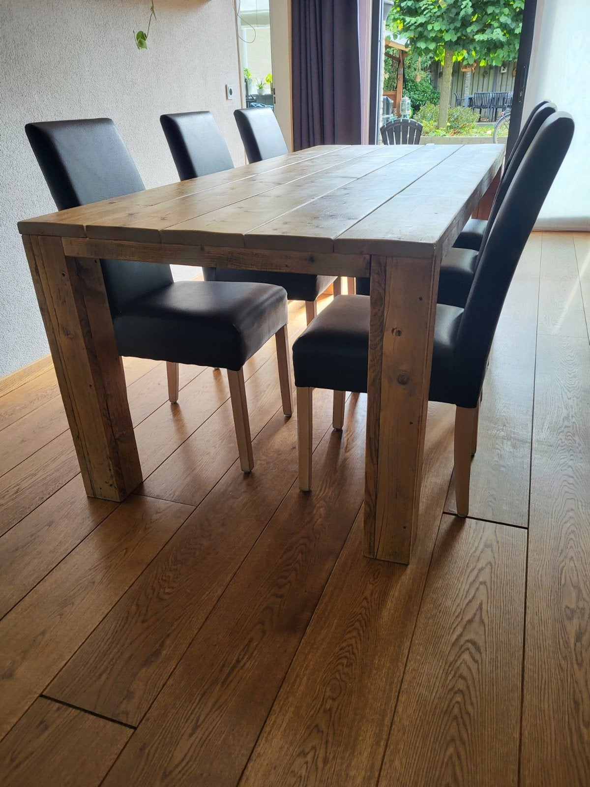 Steigerhouten eettafel met 6 leren stoelen, Ophalen, Gebruikt, 200 cm of meer, 50 tot 100 cm