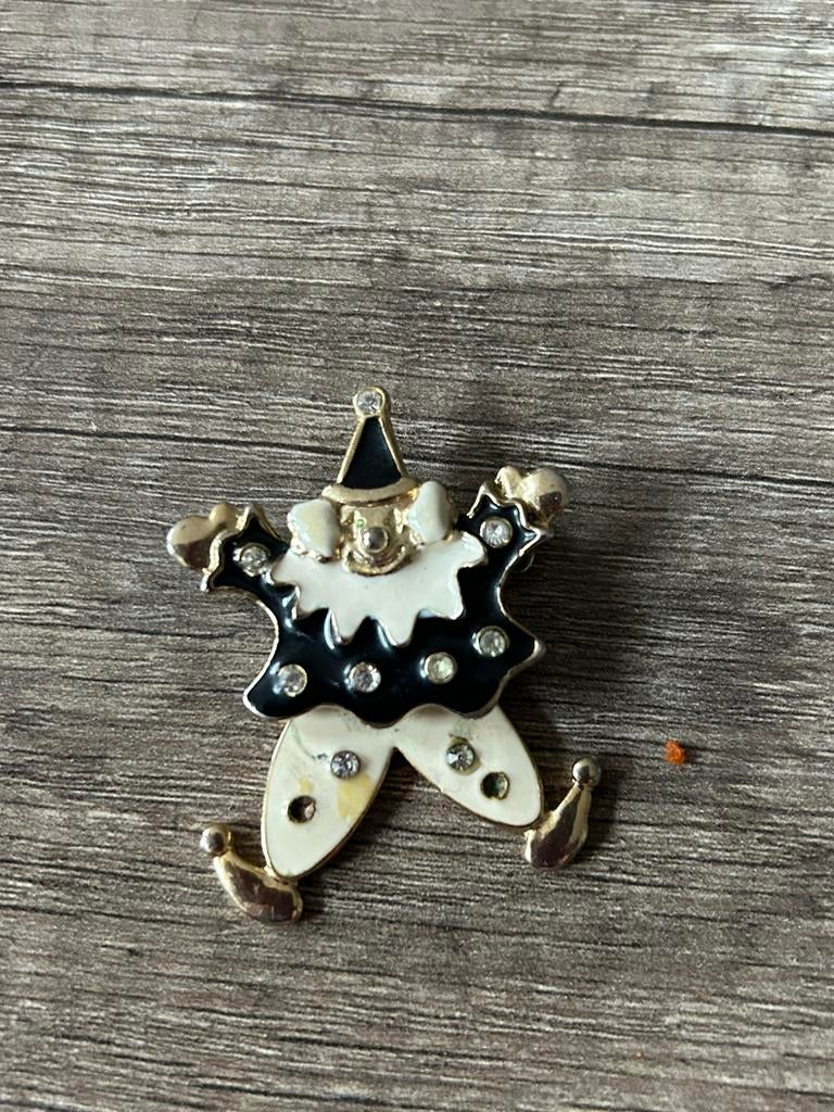 Vintage broche Pierrot - Clown, Overige materialen, 4 tot 7 cm, Gebruikt, Zwart