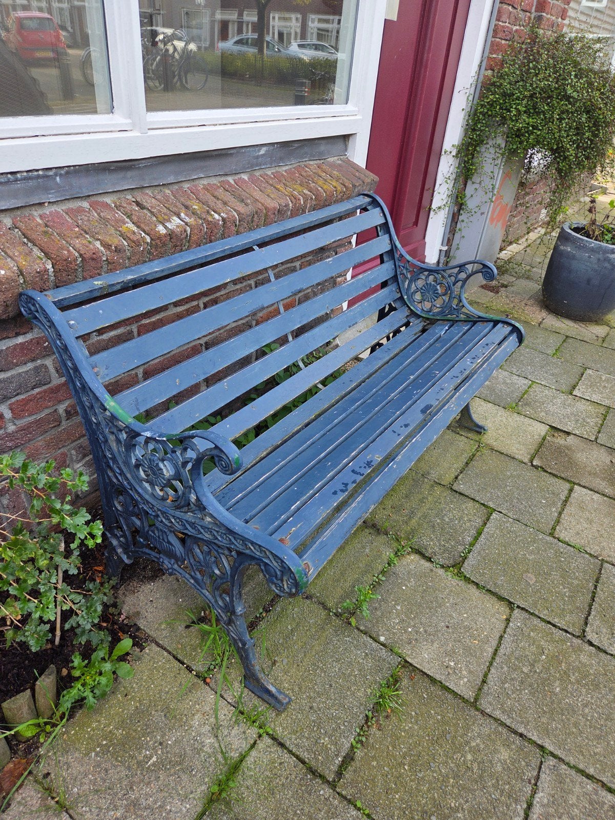 Vintage tuinbank - Blauw metaal en hout, Ophalen, Gebruikt, Metaal
