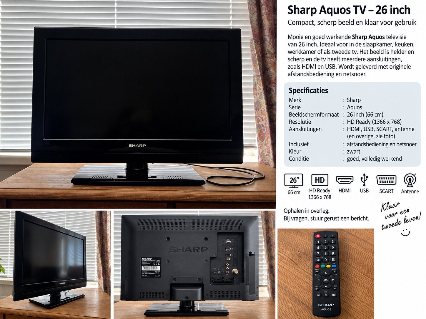 Sharp Aquos TV - 26 inch HD Ready, Ophalen, 50 Hz, HD Ready (720p), Zo goed als nieuw