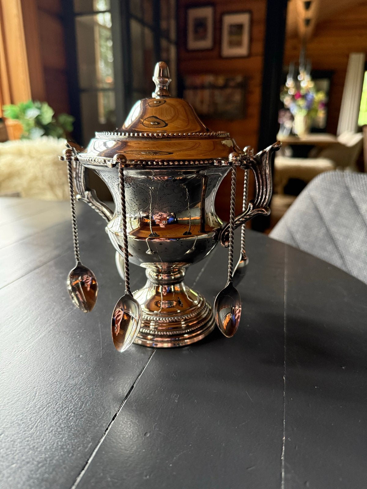 Antieke verzilverde Suikerpot met 6 Lepeltjes, Antiek en Kunst, Antiek | Goud en Zilver, Ophalen of Verzenden, Zilver