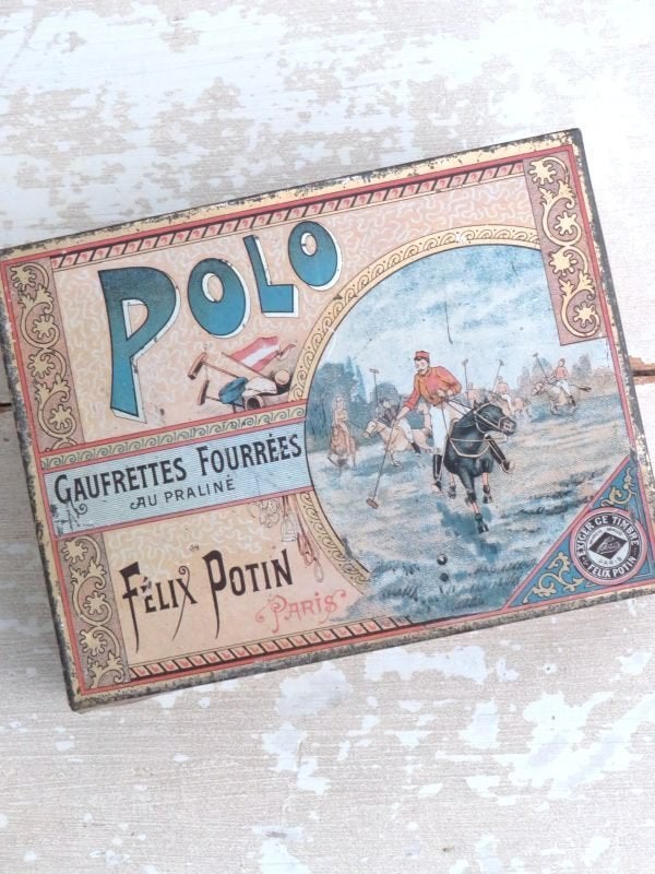 Antiek koekjesblik Félix Potin Paris “Polo” 1905/1920, Ophalen of Verzenden