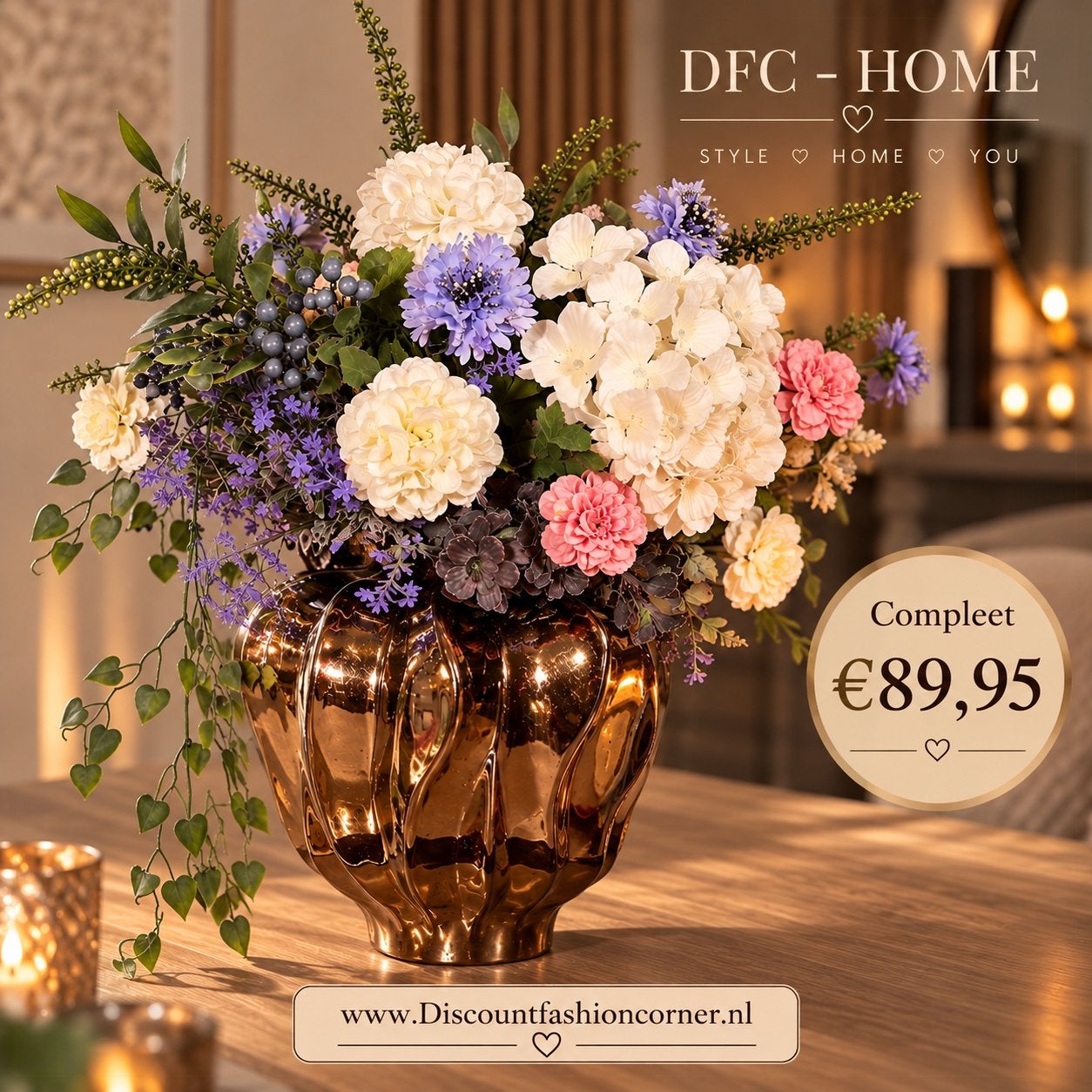 Zijden bloemen boeket compleet inclusief vaas €89,95, Binnen, 40 cm, Inclusief kunstbloemen, Www.discountfashioncorner.nl