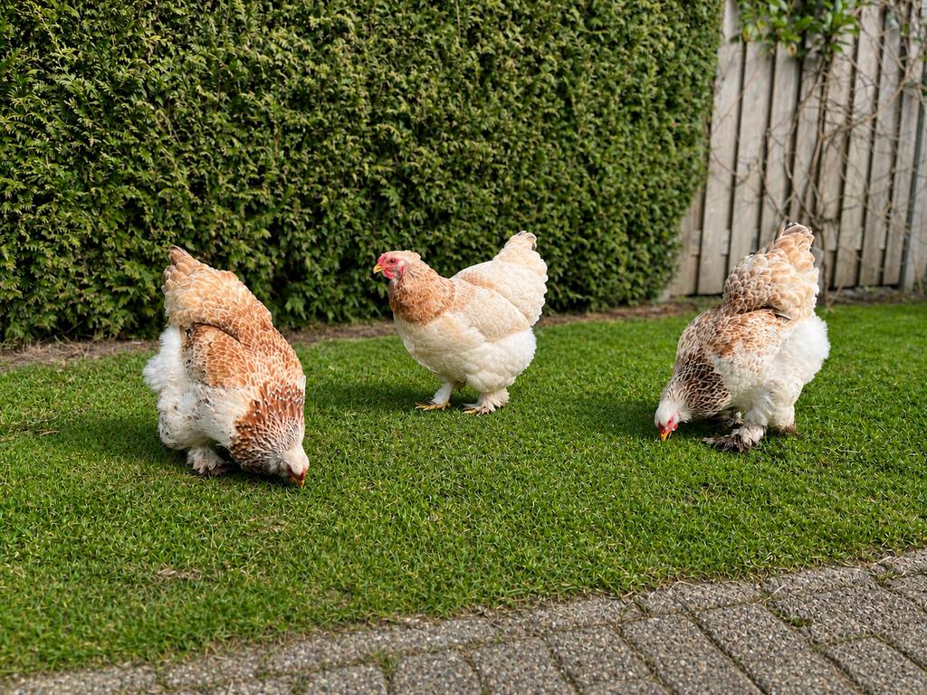 3 Brahma groothoender hennen met haan, Meerdere dieren, Kip