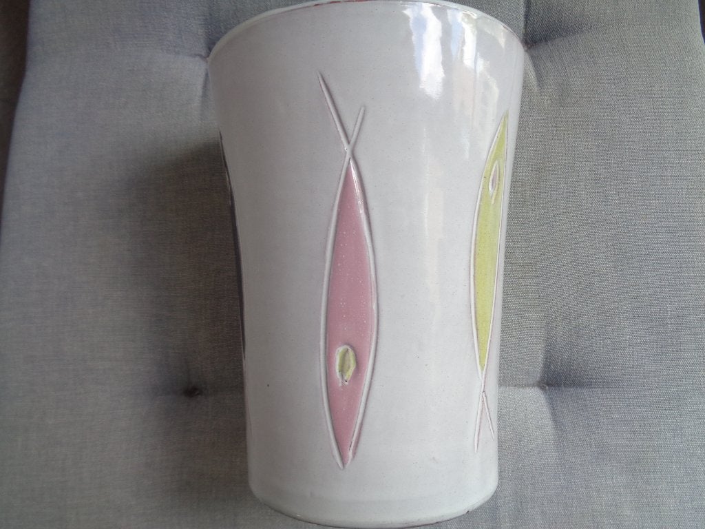 VAAS KERAMIEK, JAREN '60  MET GEKLEURDE ABSTRACTE VIS, Antiek en Kunst, Ophalen of Verzenden