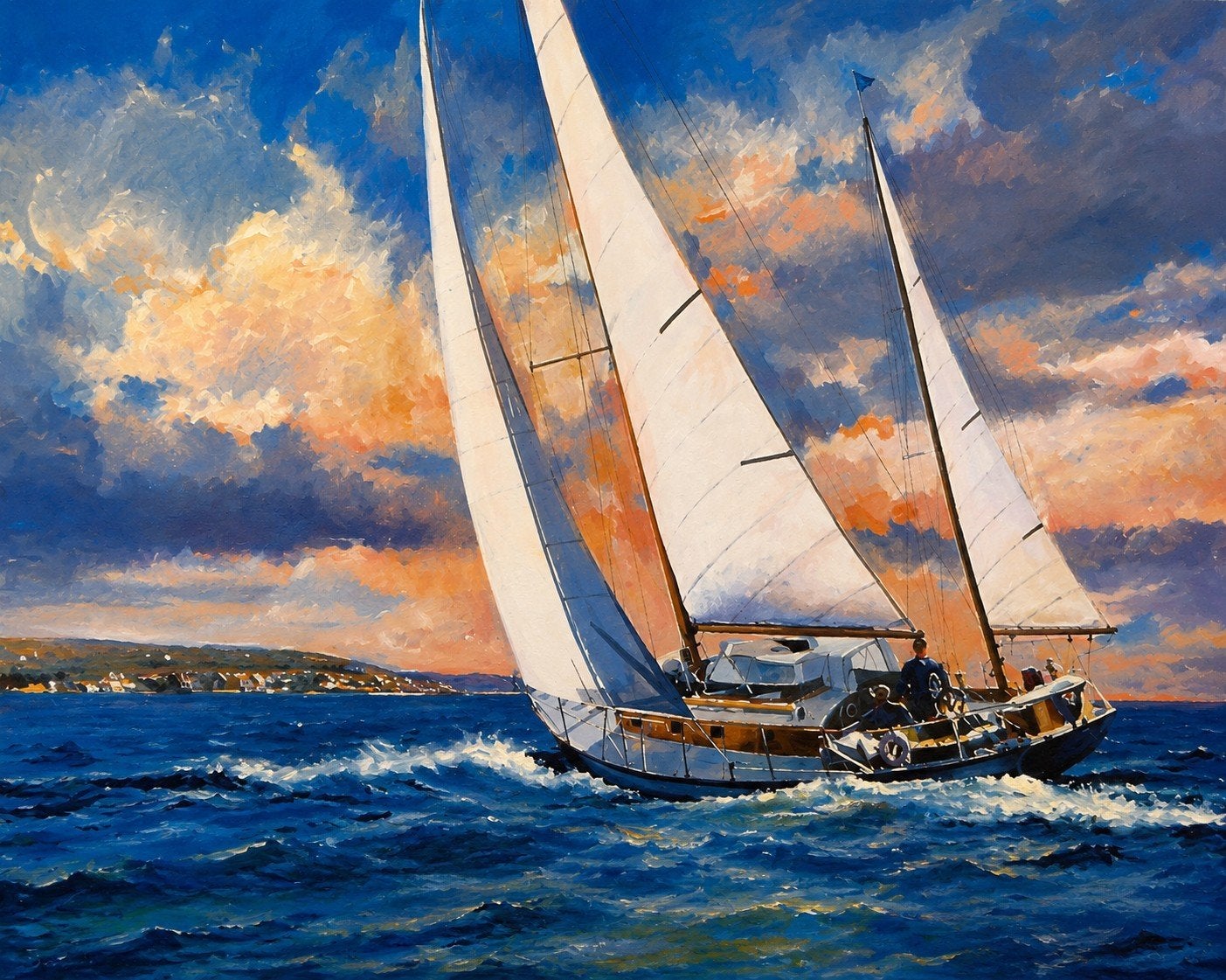 Schilderij: Zeilboot op woelige zee kleurrijke lucht POSTER, Ophalen of Verzenden