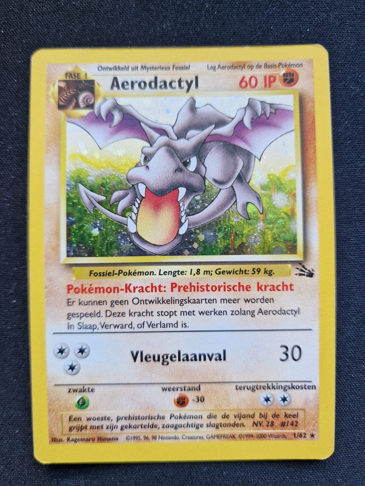 Unlimited Nederlandse Fossil Holo Aerodactyl, Hobby en Vrije tijd, Verzamelkaartspellen | Pokémon, Ophalen of Verzenden, Gebruikt